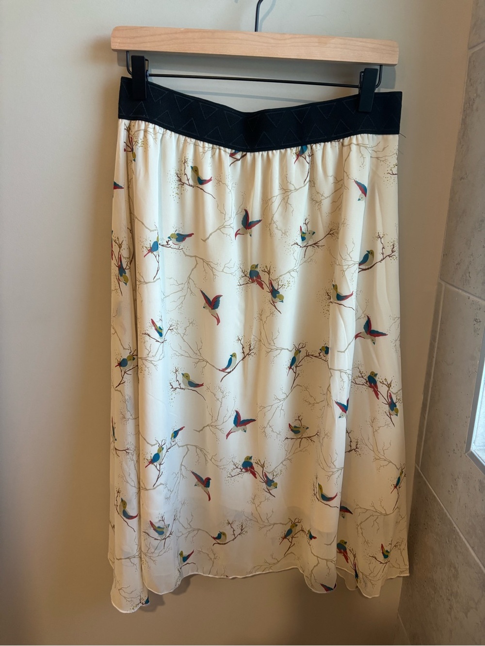 LuLaRoe Lola Cream Midi Skirt with Colorful Bird Print and Black Waistband